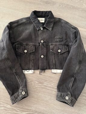 Miu Miu Distressed Black Cropped Denim Jacket